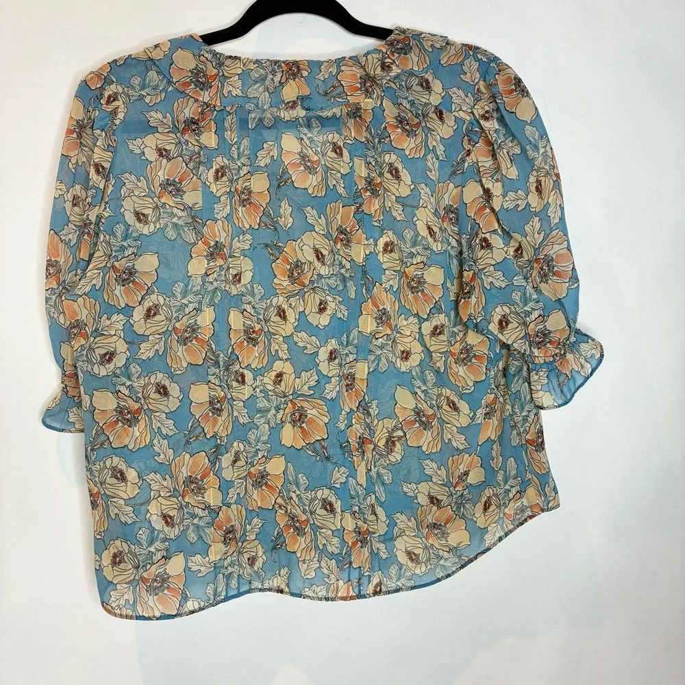 CAbi Blue Floral Ruffled Short-Sleeve Blouse - Picture 3 of 5